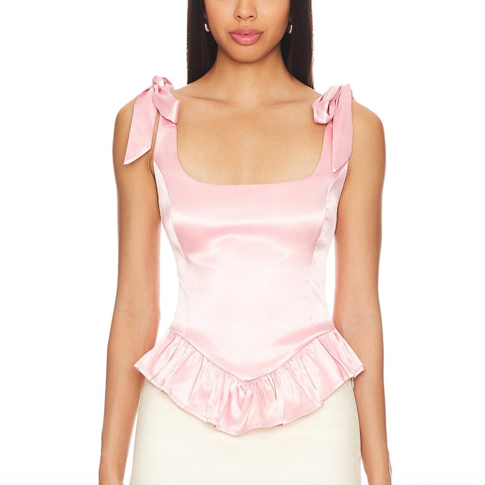 Satin Tie-Shoulder Pink Crop Top with Peplum
